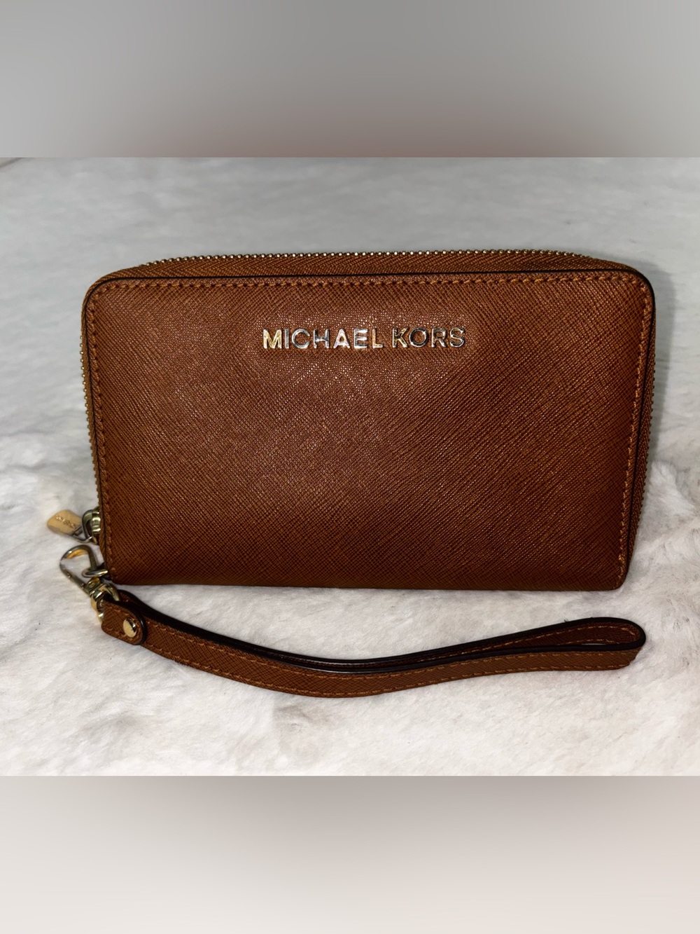 Brown Michael Kors Leather Wristlet with Gold Logo